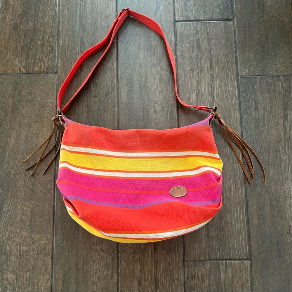 Liz Claiborne Pink, Orange, and Yellow Striped Canvas and Leather Hobo Purse Bag